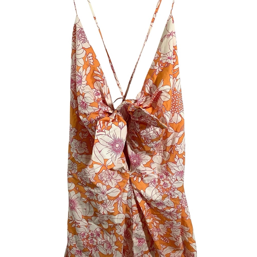 J. Crew Orange and Cream Floral Dress Popolin Tie Front Midi - Picture 2 of 6